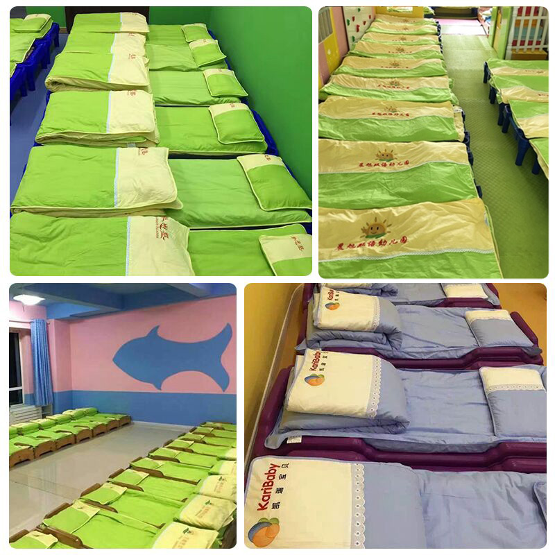 Kindergarten quilt three-piece cotton solid color embroidered logo with core Six-piece set Baby nap quilt children autumn and winter