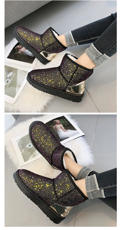 2020 giày tuyết mới phụ nữ ống ngắn sequins thời trang hàn quốc hoang dã ấm áp lưới người nổi tiếng ủng ngắn học sinh xu hướng giày bông - Giày ống