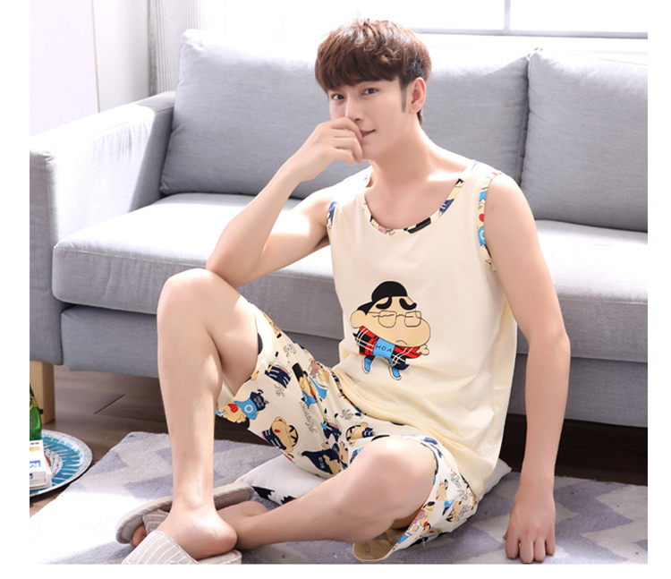 Mùa hè không tay cotton couple đồ ngủ phim hoạt hình crayon nhỏ sinh viên mới vest nam giới và phụ nữ cotton dịch vụ nhà phù hợp với bộ đồ khủng log