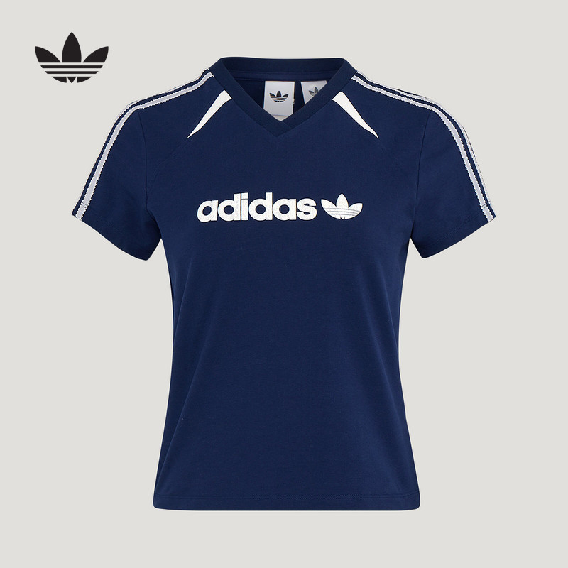 Adidas Adidas Trefoil V-Neck Short-Sleeved Summer Women's Slim Fit Three-Stripe Short-Sleeved T-Shirt Ku4762