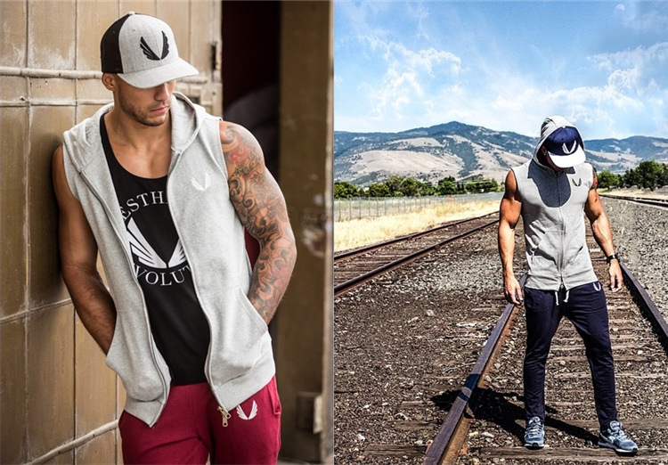 Cơ bắp anh em tập thể dục vest trùm đầu thể thao không tay vest slim vest nam thời trang giản dị áo khoác vest áo khoác nam có mũ adidas
