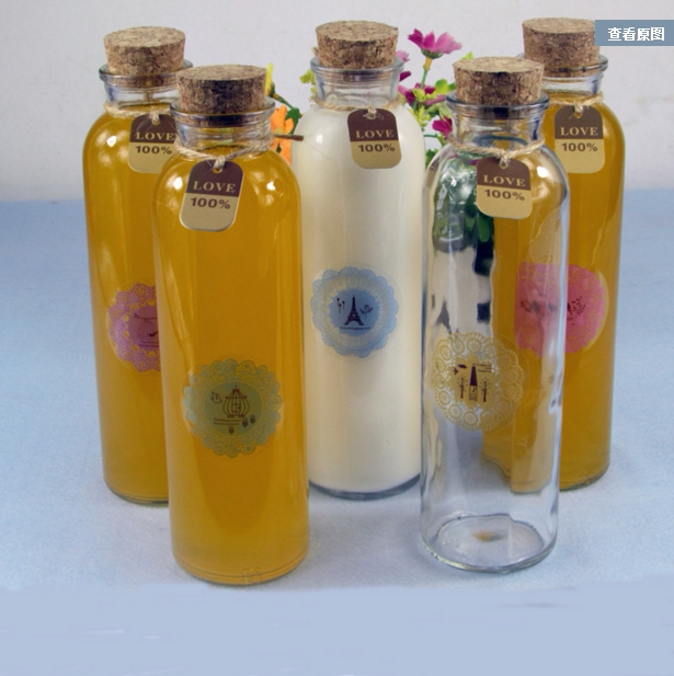 350500ml Cold Tea Juice Bottle Milk Tea Bottle Straight Drum Bottle Rafting Bottle Creativity Wish Wood Stopper Glass Bottle