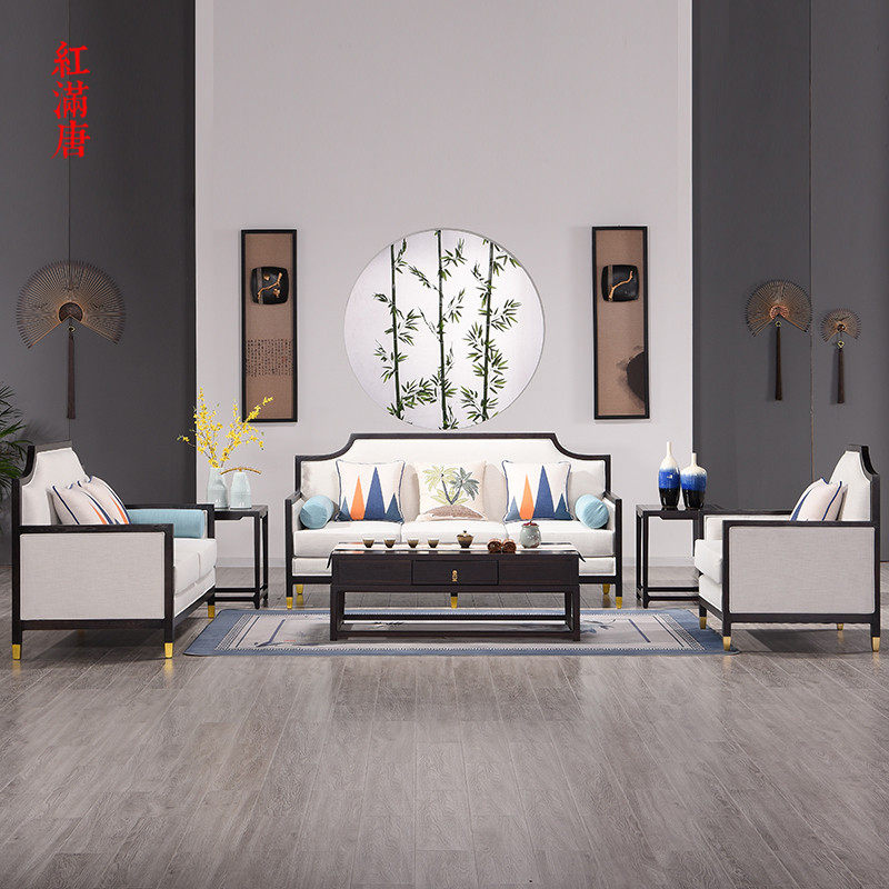 New Chinese Solid Wood Sofa Cloth Art Composition Modern Simplicity Meditation Parlor-Like Room Hotel Furniture Custom