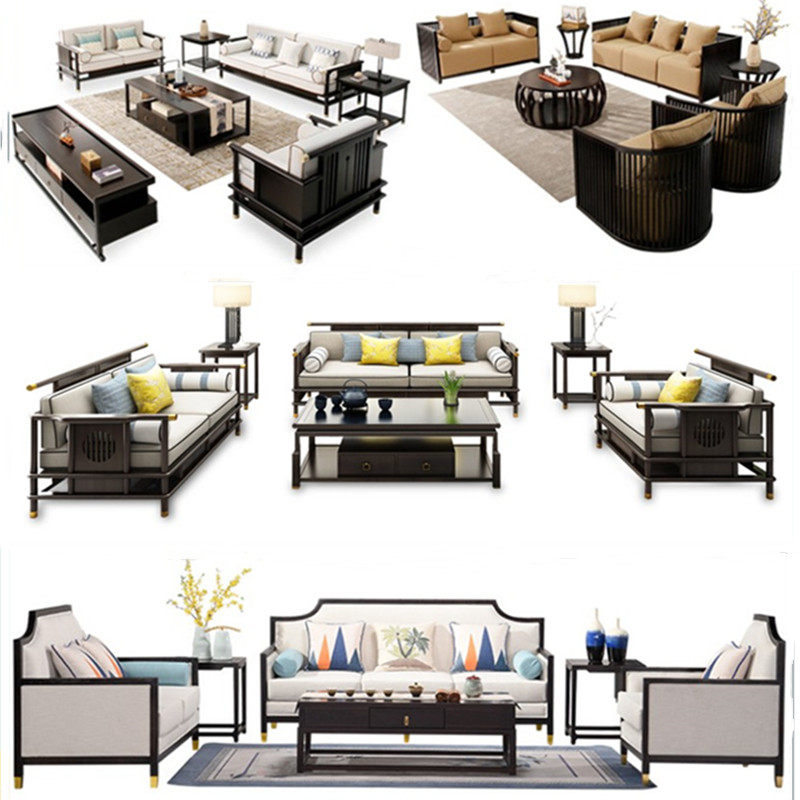 New Chinese sofa solid wood cloth art composition minimalist modern living room small family style hotel villa light and luxurious and full of furniture