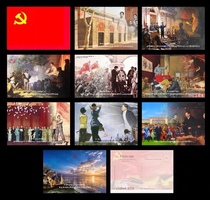 A set of 10 red-themed historical postcards