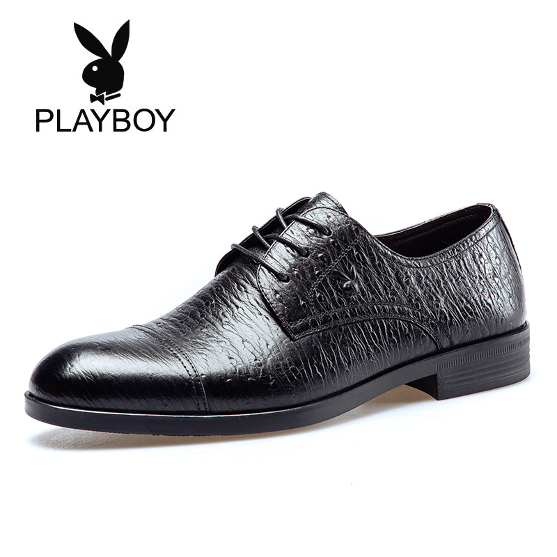 PLAYBOY/花花公子皮鞋男士商务正装尖头系带英伦风头层牛皮男鞋