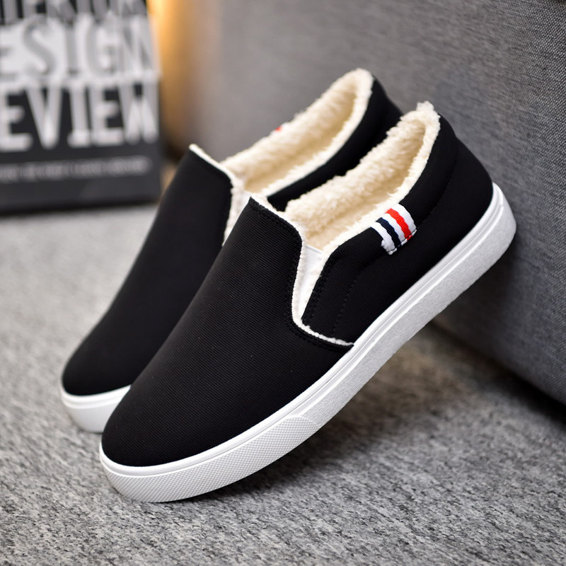Winter trendy shoes Korean style canvas shoes men's slip on lazy shoes thick board shoes men's fleece cloth shoes casual shoes