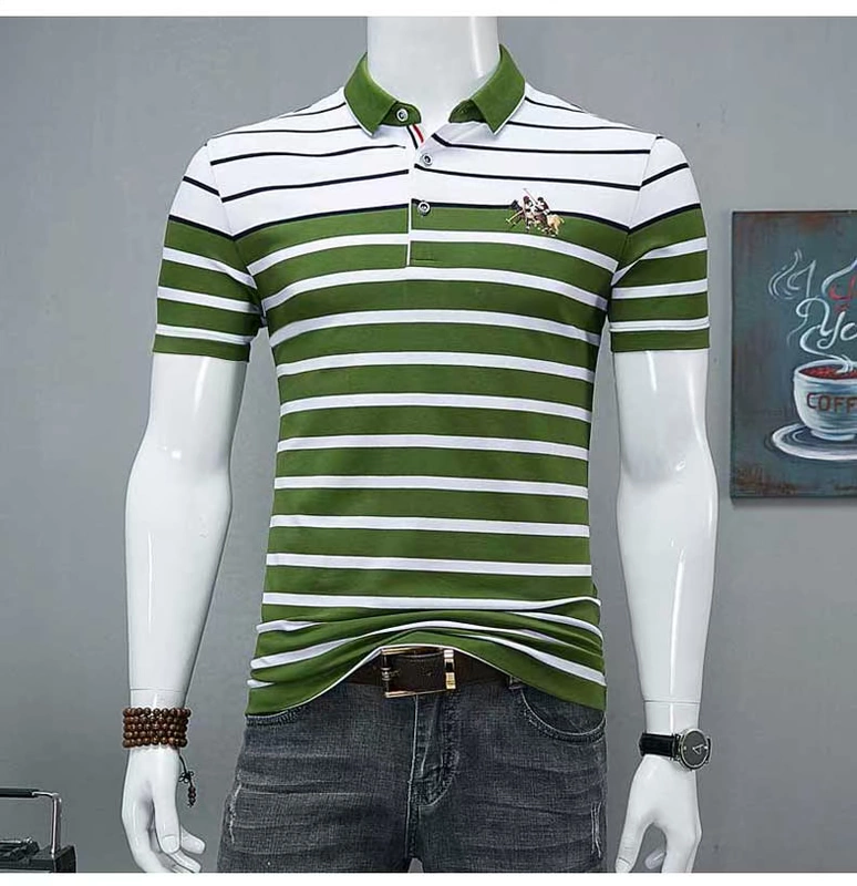 Thương hiệu quần áo cao cấp dành cho nam kinh doanh quần áo sọc cotton giản dị Áo thun nam tay ngắn tên lớn áo sơ mi POLO thủy triều - Polo áo phông polo nam