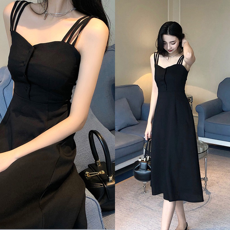 Clearance Sale: French-Style Spaghetti Strap Dress, Black Dress, Fairy-Like Spaghetti Strap Dress, Sexy Long Hepburn-Style Little Black Dress, Long Dress