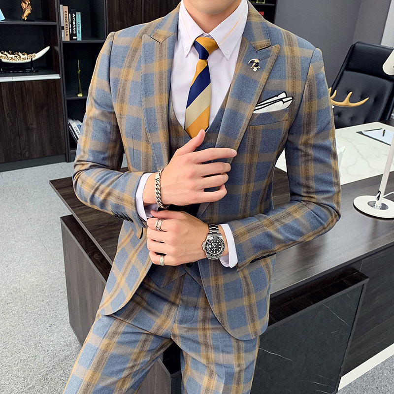 Fashion plaid suit men's fashion New Lang best man banquet dress three-piece suit slim fit suit
