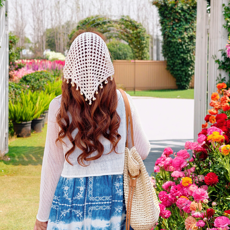 [Dong Yi's Travel Outfits] Small Pastoral Triangle Scarf, Beaded Headscarf, Scarf in Artistic Pastoral Style