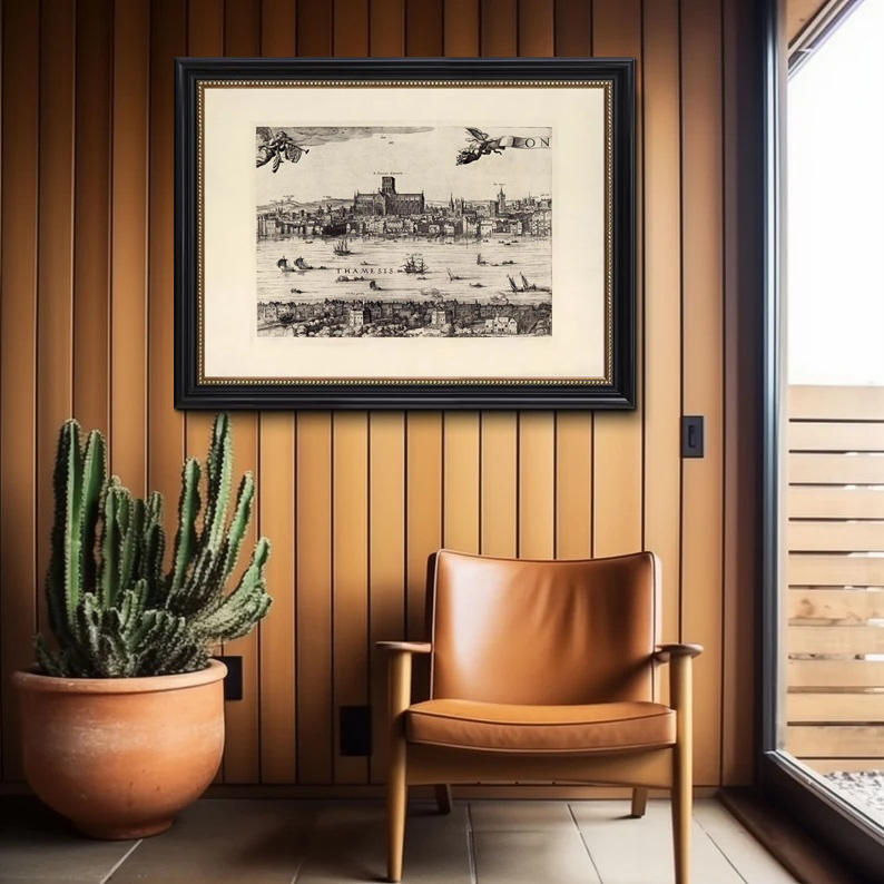 Decorative Framed Wall Art, Vintage Retro 1616 London Panorama Old Photo, American-Style Study Photography