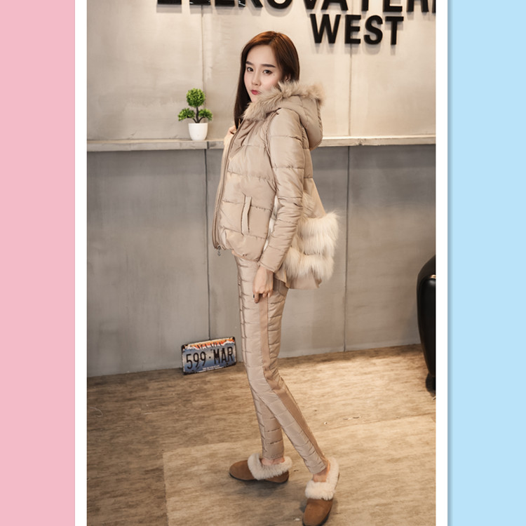 2018 mùa đông mới phù hợp với nữ phiên bản Hàn Quốc của thời trang áo khoác cotton mỏng lông dày cổ áo xuống bộ đồ ba mảnh cotton mẫu áo phao nữ đẹp 2020