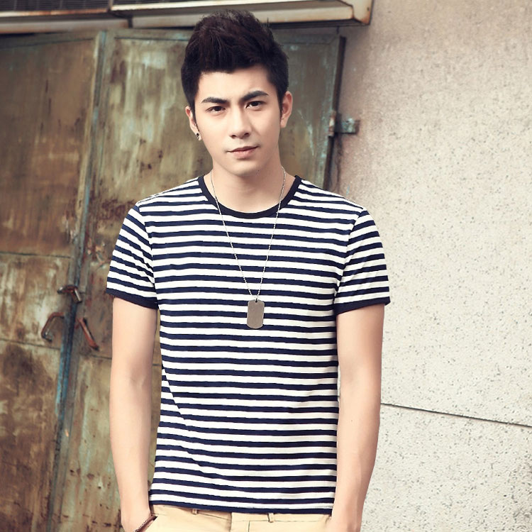 Mùa hè biển linh hồn áo sơ mi ngắn tay t-shirt Slim fit couple sọc vòng cổ hải quân nam giới và phụ nữ cotton T-Shirt nam nửa tay áo