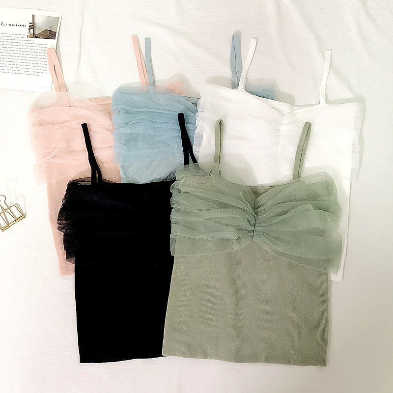 Port Taste Harnesses Small Vest Sexy Outwear Open Back Low Chest Mesh Yarn Korean version 2019 Short-beat undershirt Female dress