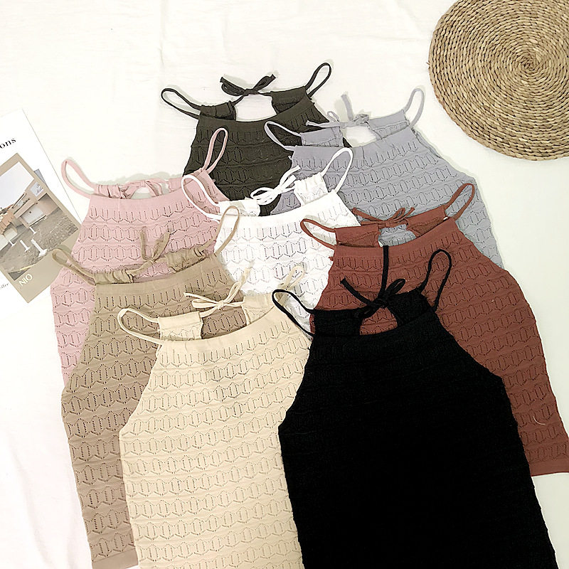 Korean version chic wind retro hollowed-out pattern knit small harnesses outside wearing inner hitch bottom vest blouse Summer women's clothing