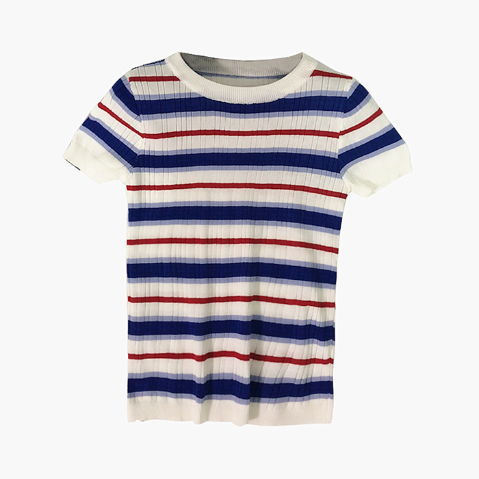 Sọc T-Shirt ngắn tay nữ 2018 mùa hè mới của Hàn Quốc phiên bản của mỏng giảm béo vòng cổ chic áo sơ mi áo len áo len kiểu hàn quốc cực đẹp