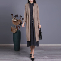 Sister-in-law ladys house autumn new artistic temperament knitted with long open fork display slim pure color 100 lap jacket female 2037