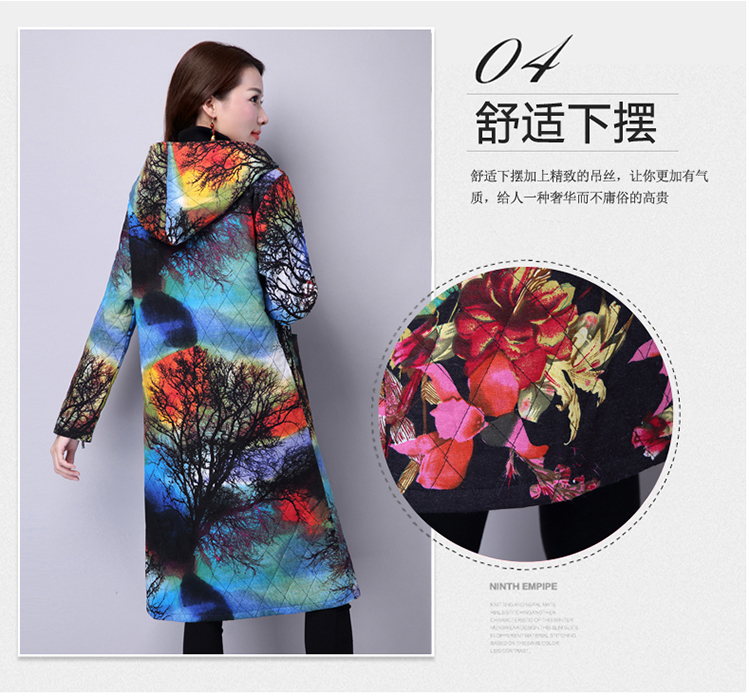Áo khoác cotton và vải lanh dài 2018 mùa đông mới theo phong cách retro quốc gia in mũ của phụ nữ áo lông vũ chính hãng