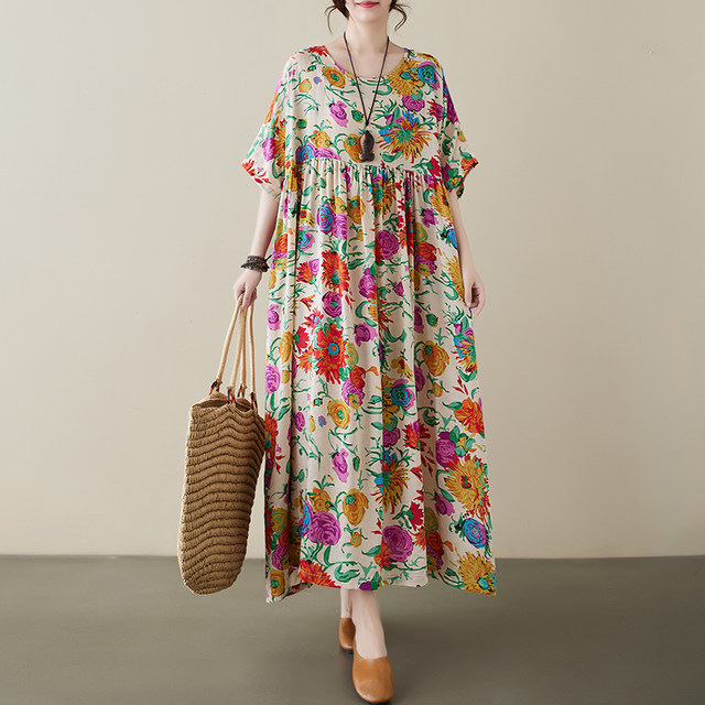 ການສູນເສຍການເກັບກູ້ແບບ pastoral summer goods ວັນນະຄະດີ retro ບວກໄຂມັນບວກຂະຫນາດກາງແລະຜູ້ສູງອາຍຸແມ່ຝ້າຍແລະ linen dress