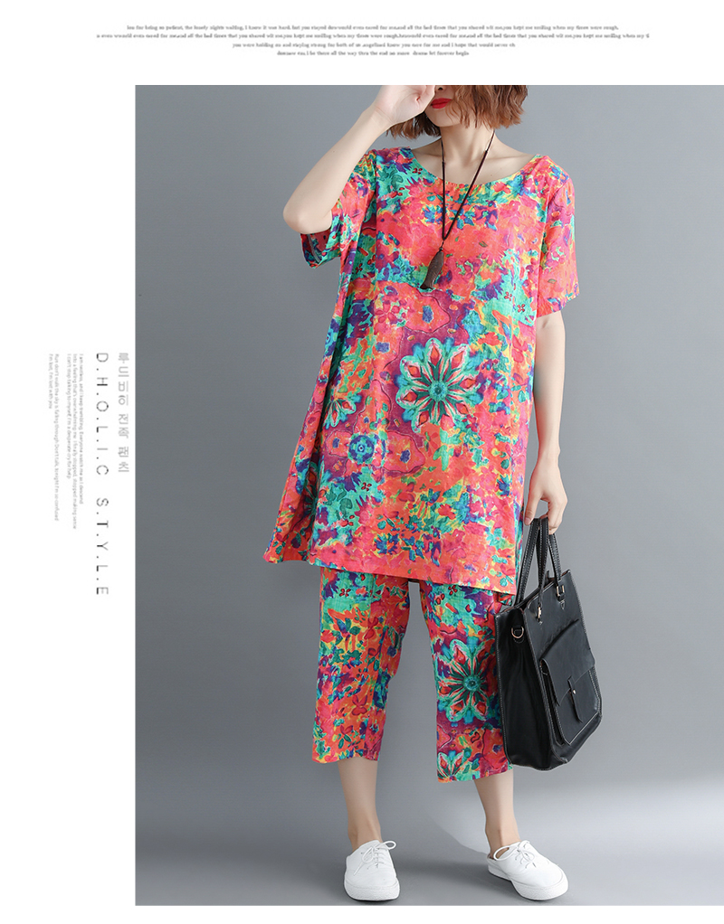 Bộ đồ cotton và vải lanh phù hợp với nữ mùa hè kiểu mới quốc gia size rộng Áo thun rộng bảy điểm quần ống rộng hai mảnh các mẫu áo thun dài tay nữ đẹp