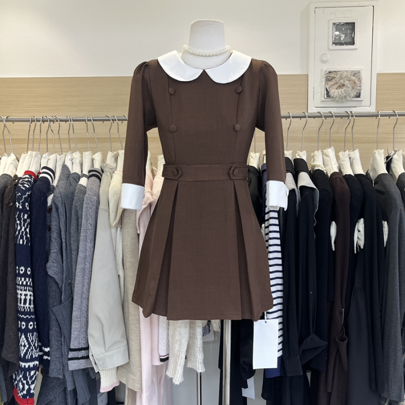 Coffee-Colored Double-Breasted Peter Pan Collar Dress # 1890 Coffee-Colored Double-Breasted Peter Pan Collar Dress # 1890