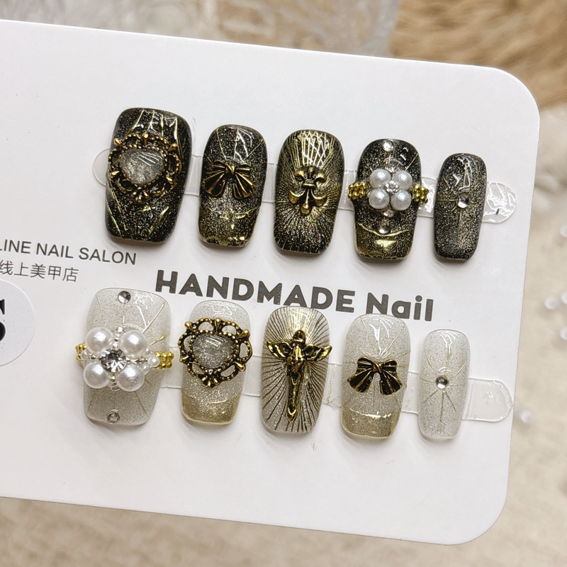 Black Gold Saint Mango Retro Handmade Short Almond-Shaped Press-On Nails, Wholesale, Suitable for Yellow and Dark Skin Tones, Look Great in Photos Black Gold Saint Mango Retro Handmade Short Almond-Shaped Press-On Nails, Wholesale, Suitable for Yellow and Dark Skin Tones, Look Great in Photos