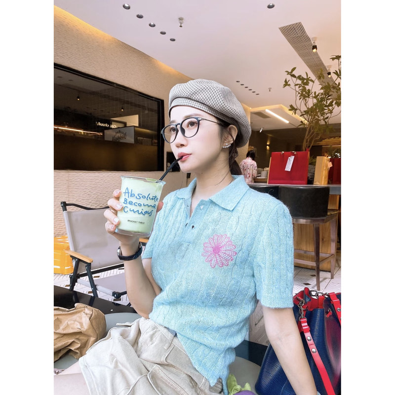 Mardi Spring/Summer New Fashion Show Style Macaron Candy Color Niche Casual Short-Sleeve T-Shirt Knitted Top Korean Style