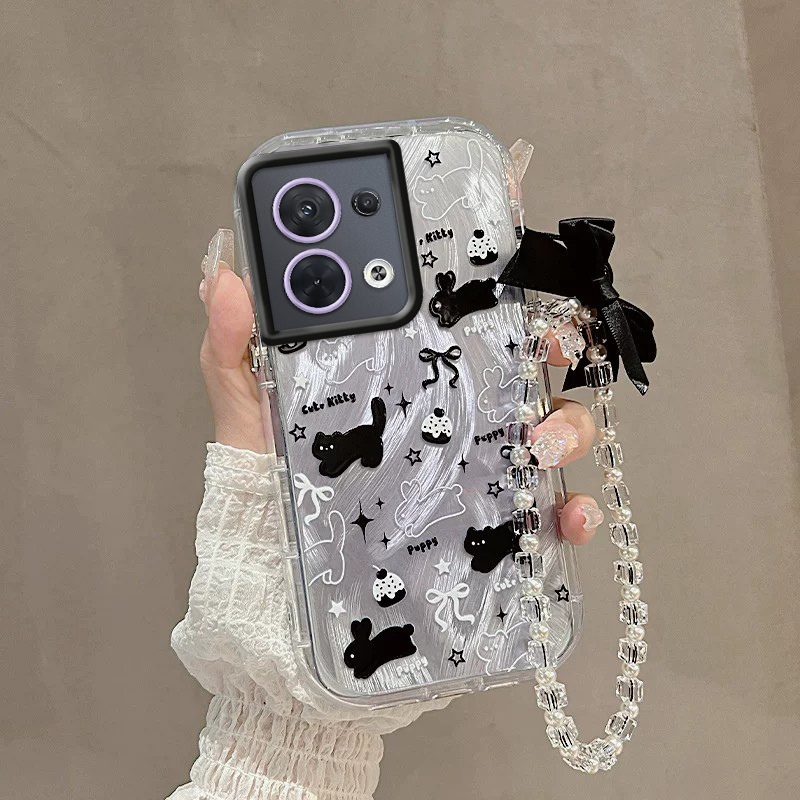 Suitable for Oppo Reno8 Phone Case, Purple Black Cat Rabbit 8Pro+, Cute Transparent Case for Men and Women, Pgbm10 Internet Celebrity Full Edge Protection, High Aesthetic Anti-Drop Oppo Reno8 Pro Cartoon Silicone Soft Case