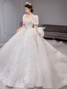 French light wedding dress 2022 new bride's main wedding dress summer heavy industry luxury palace style high-end texture large tail