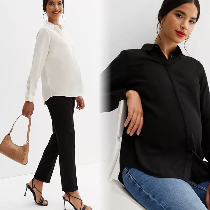 Maternity Tops for Autumn and Winter, Thickened Shirts for Pregnancy, Work Attire for Commuting, Nursing White Shirts, Women's Black Workwear