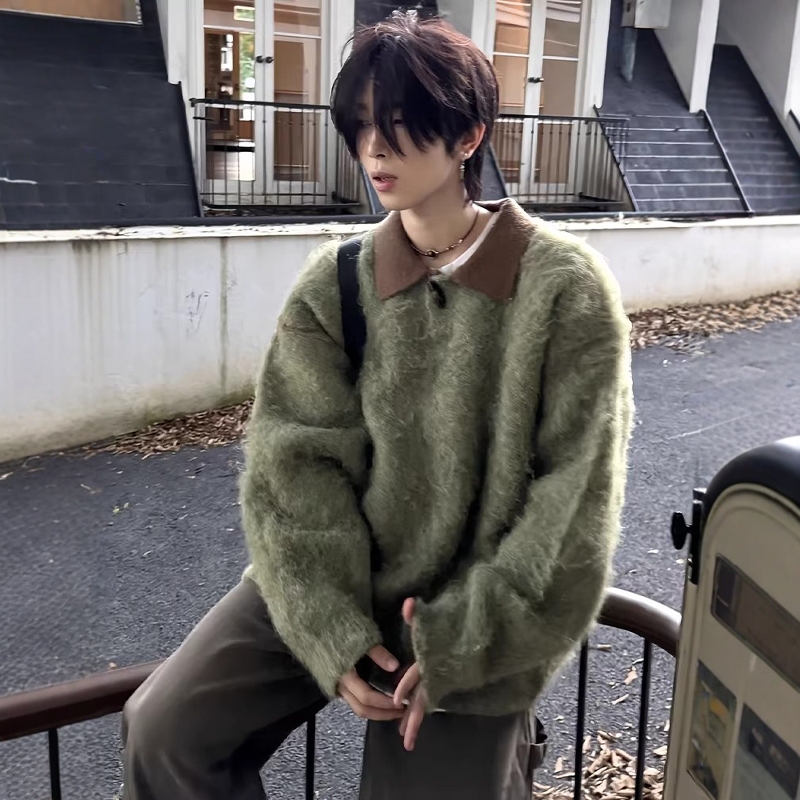 Green Mohair Lapel Sweater for Men, Autumn and Winter Cleanfit Crew Neck Knitwear, American Style Loose and Lazy Style Jacket