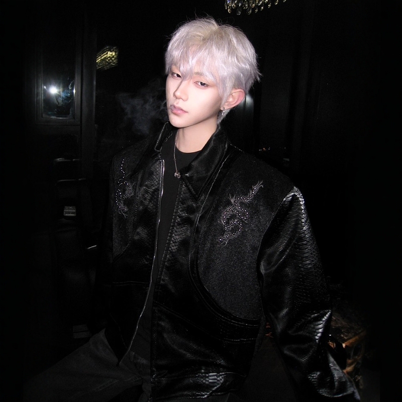 ins Hip-Hop High Street Snake-Eye Spine Niche Pattern Snake Print Patchwork Jacket Men's Studded Embroidered Pu Leather Jacket Men's