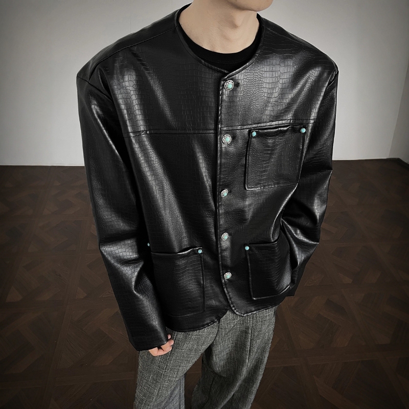 [Same Style as Kim Jae-Seok] Crocodile Pattern Pu Leather Jacket for Men, Three-Dimensional Tailoring, Pearl Button Short Collarless Coat for Men