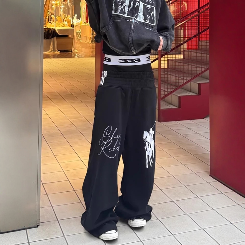 War Horse Embroidery Reversible Multi-Waistband Black Loose Baggy Sweatpants Unisex American Style High-End Wide-Leg Trousers