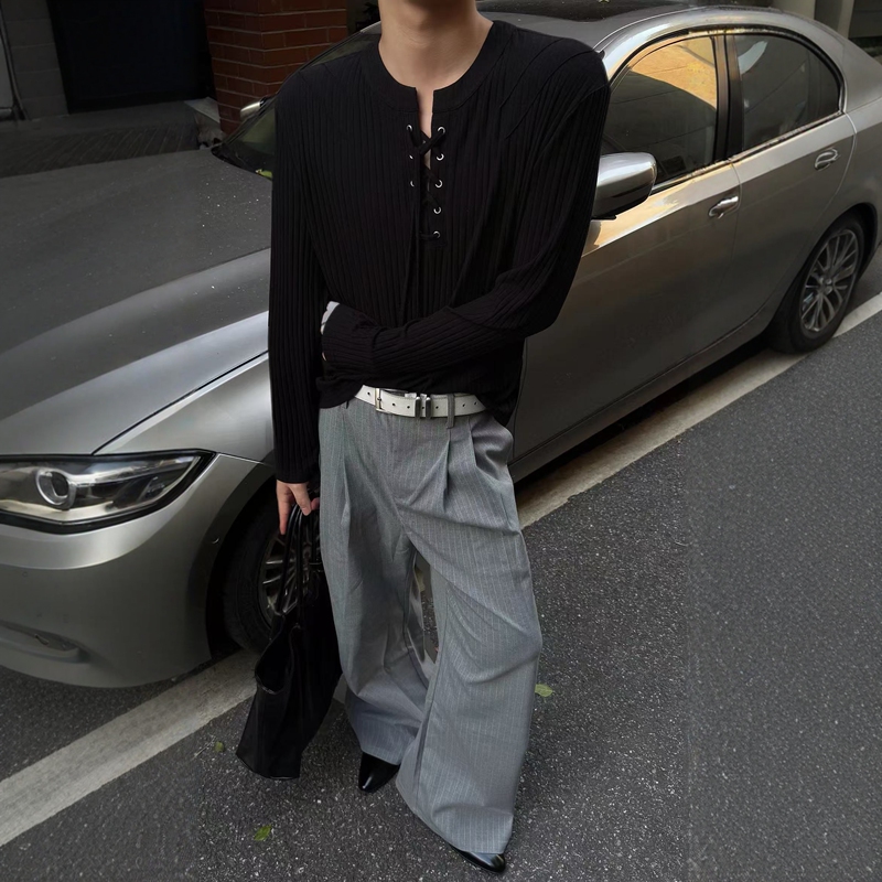 “Bone Wings” V-Neck Cross-Tie Vertical Ribbed Shoulder and Waist Pleated Knit Casual Long-Sleeve T-Shirt for Men and Women