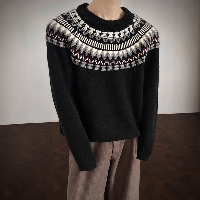 Fair Isle Jacquard Crew Neck Sweater for Men 2025 Autumn and Winter New Trendy Brand Loose American Style Lazy Knitwear Jacket