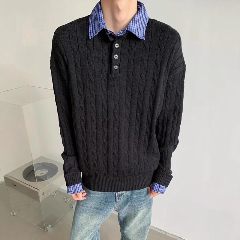 American Retro Style Fake Two-Piece Polo Collar Cable Knit Sweater for Men and Women, Autumn and Winter Lazy Style High-End Black Sweater American Retro Style Fake Two-Piece Polo Collar Cable Knit Sweater for Men and Women, Autumn and Winter Lazy Style High-End Black Sweater