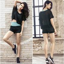 Sports blouse womens summer fitness clothes loose mesh sexy thin set yoga suit three-piece shorts vest