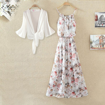 Temperament sweet floral chiffon sling dress female summer Bohemia padded long skirt seaside beach dress