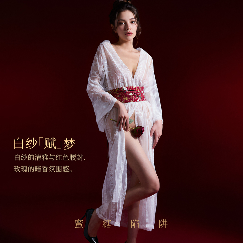 Honey Trap "Fu" Ancient Style Sexy Nightgown with a Trailing Hem, Hanfu Court Style, Chinese Style, See-Through Kimono Hanfu