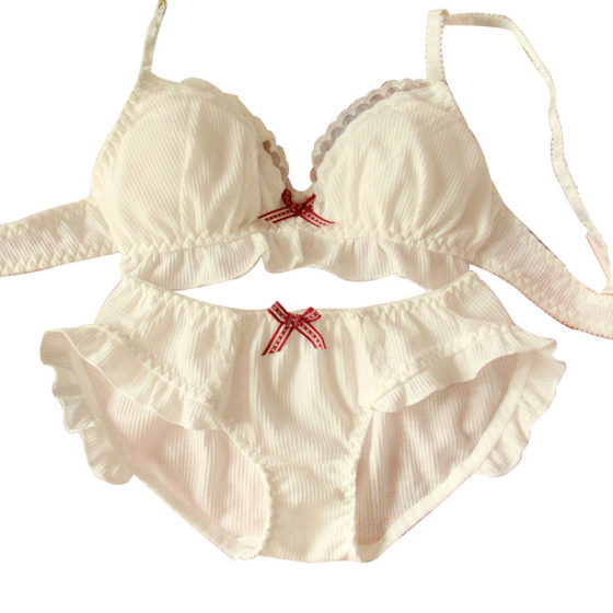 Japanese small chest flat chest underwear summer thin girl cotton no steel ring French triangle cup white bra set