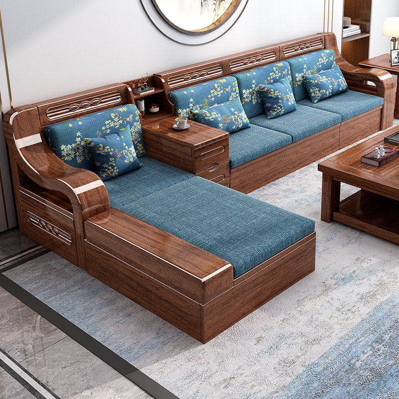 Gold silk walnut solid wood sofa new Chinese style home small apartment living room modern minimalist chaise longue storage wooden sofa