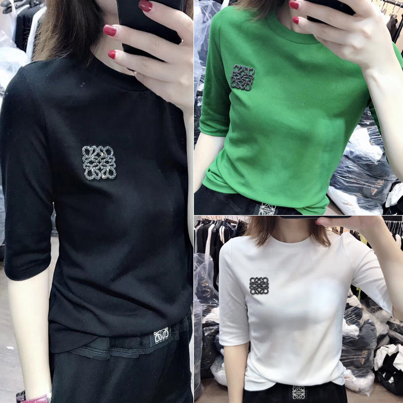 Europe 2021 spring summer new item in short-sleeved T-shirt women's European goods and foreign air slim-fit hot-diamond top