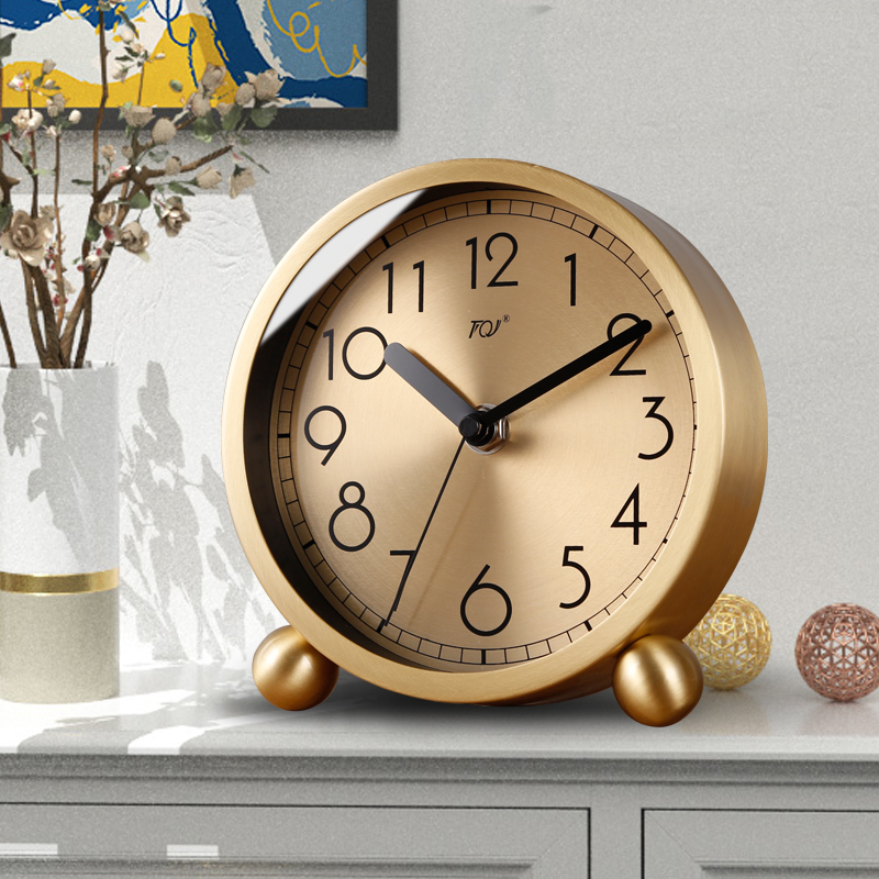 TQJ 真鍮シンプルな置き時計ホームデスクトップ座り時計サイレントデスクトップ時計ファッション卓上ベッドサイドクォーツラジオ時計