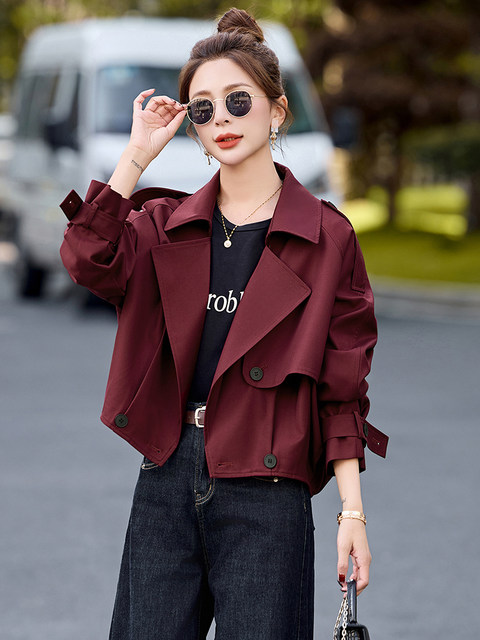 Women's Short Coat 2025 Spring New Fashion Loose Casual Ancora Red Short Trench Coat with Suit Collar