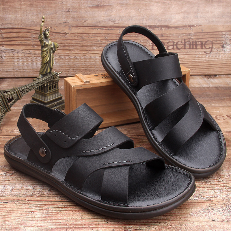 Leather sandals men's 2022 summer new leather beach shoes men's casual beef tendon bottom sandals and slippers middle-aged dad shoes