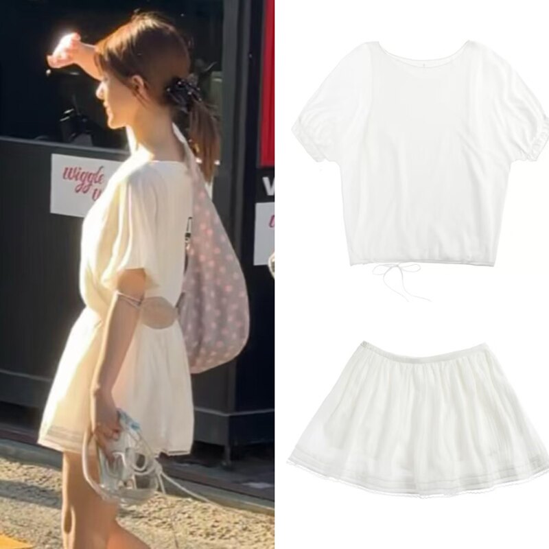 Zhao Lusi's Same Style Old Money Style Layered and Elegant Relaxed Vest Knit Short-Sleeve Top with Elastic Waist and White Puffy Skirt