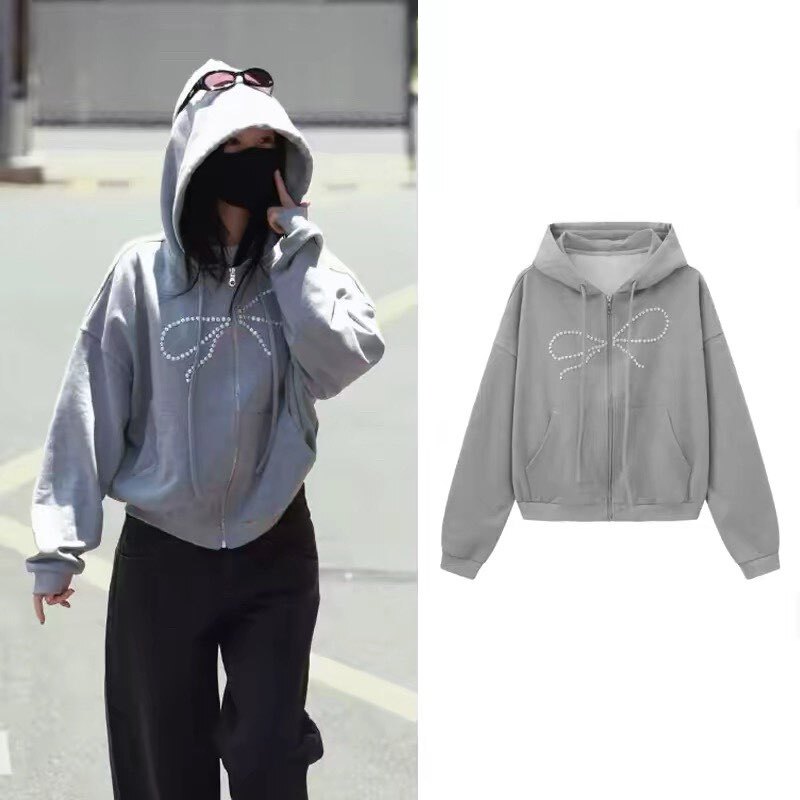 Yu Shuxin's Same Style Gray Rhinestone Bow Hooded Sweatshirt for Women, Loose and Youthful Casual Gray Hoodie Jacket