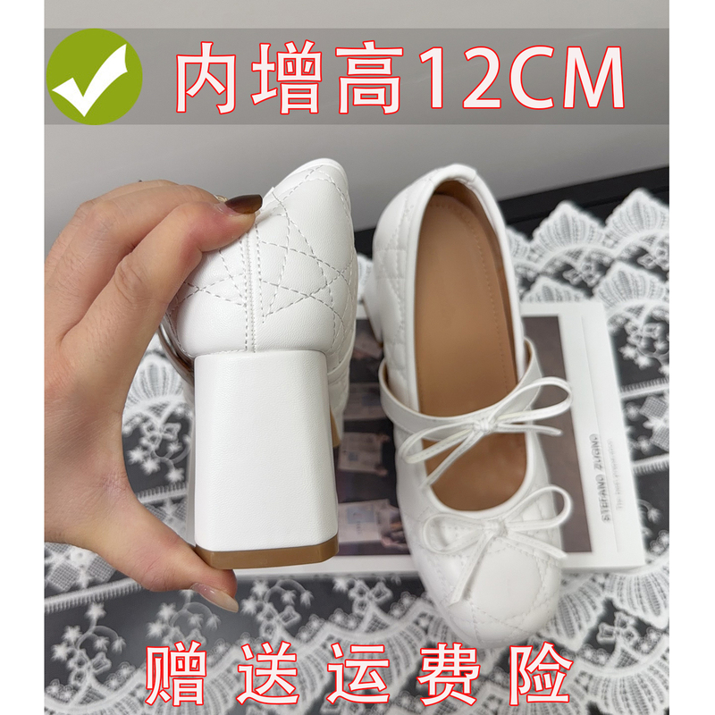 Tweed Style Genuine Leather Inner Height Increase of 12cm for Petite Women, Mary Jane Style, French Elegant Waterproof Platform High-Heeled Work Shoes